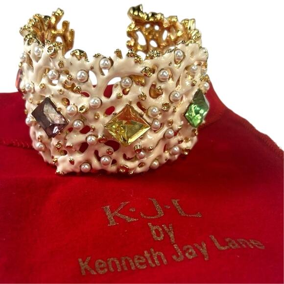 KJL by Kenneth Jay Lane Coral Enamel Pearl & Gem Embellished Cuff Bracelet - Picture 1 of 8